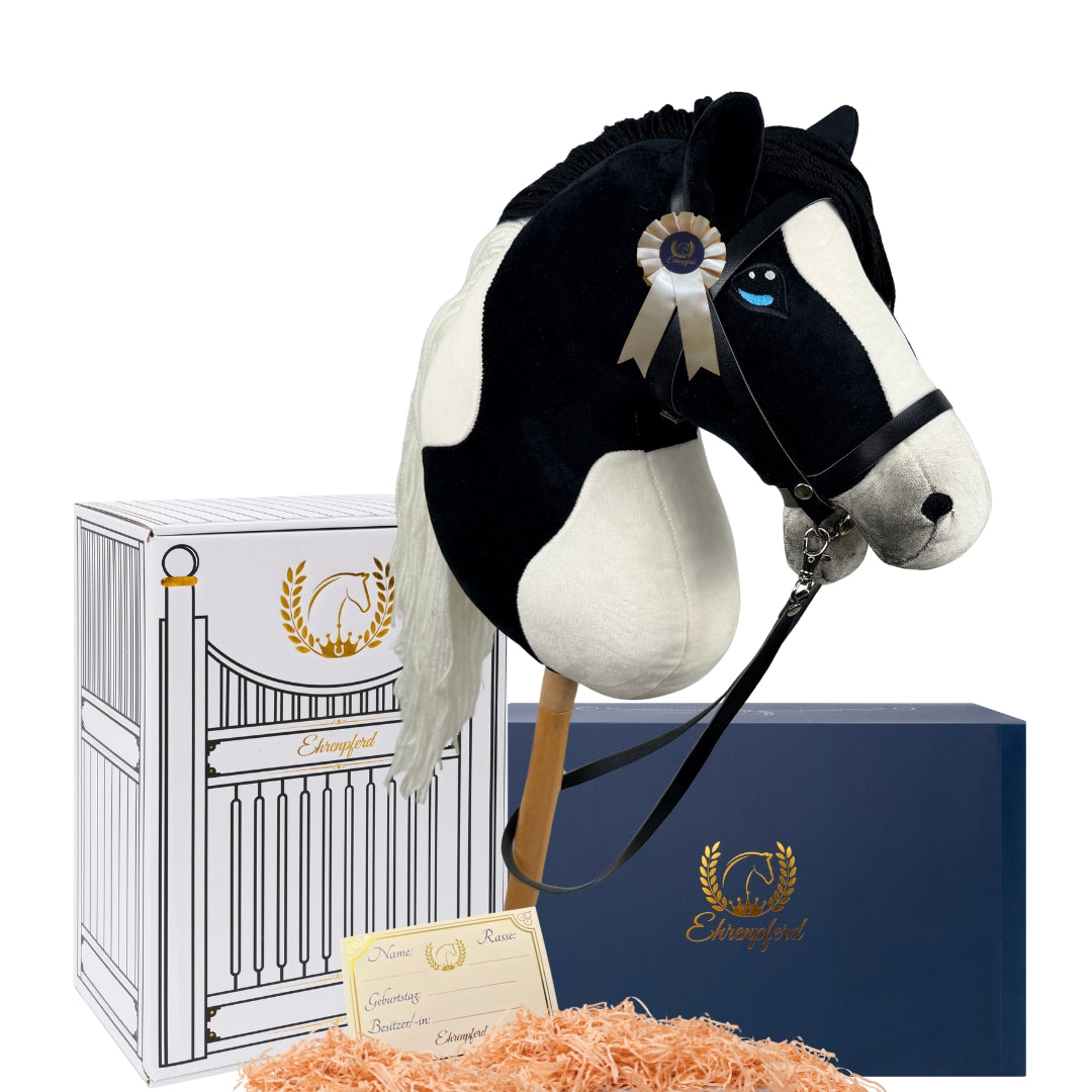 Hobby Horse Steckenpferd -Geschenkset mit Zubehör und Stall- Schecke Domino