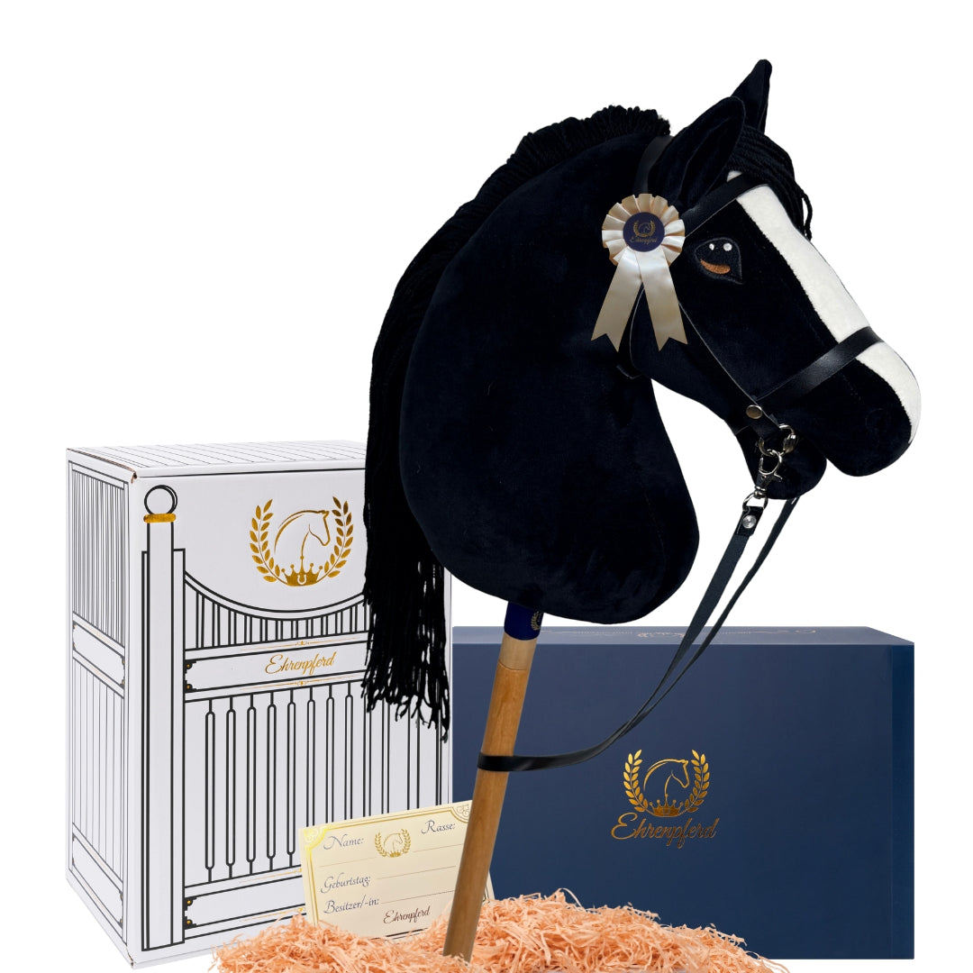 Hobby Horse Steckenpferd -Geschenkset mit Zubehör und Stall- Rappe Starlight