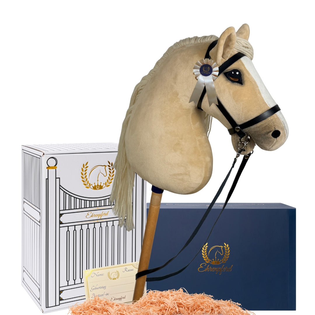 Hobby Horse Steckenpferd -Geschenkset mit Zubehör und Stall- Palomino Sunny