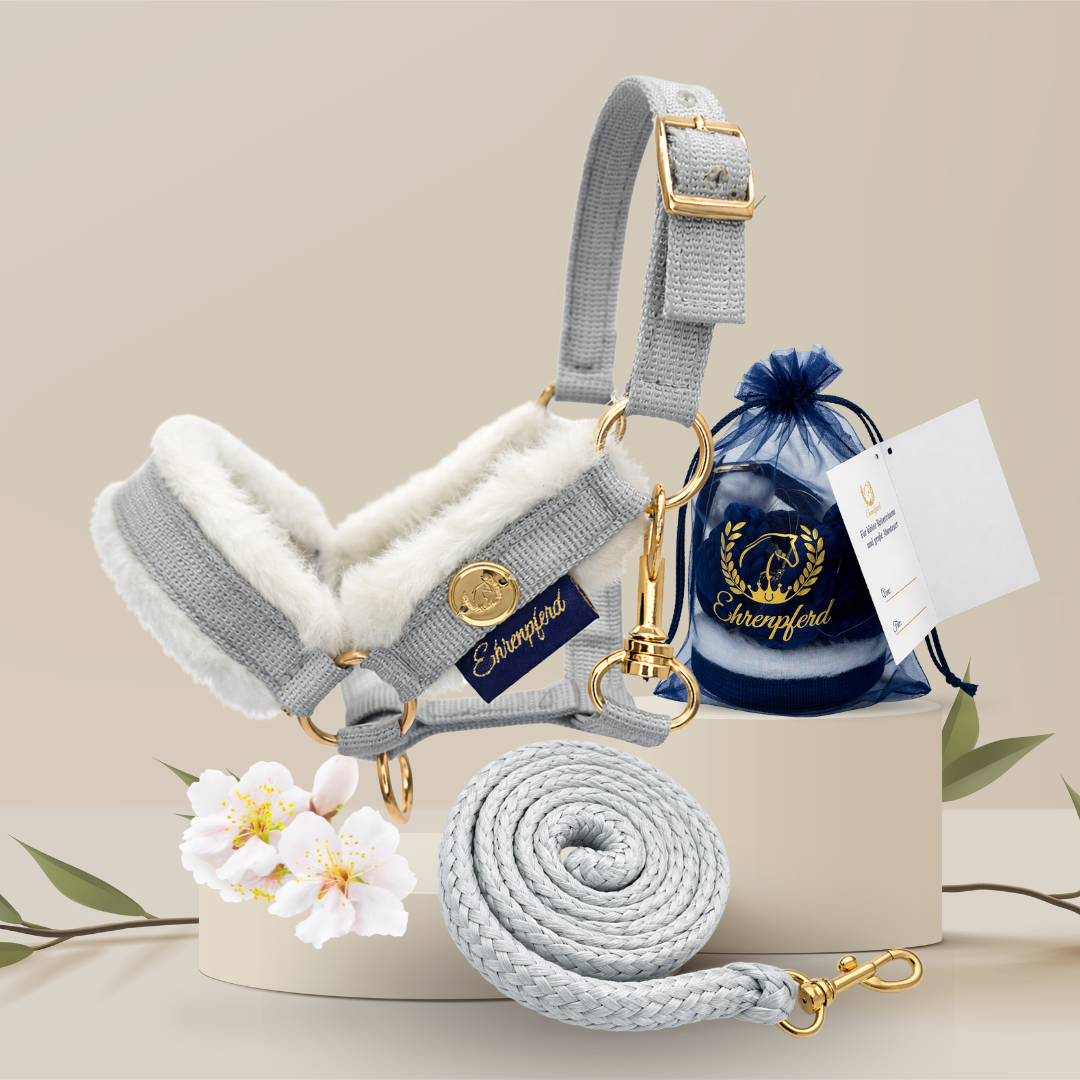 Hobby Horse Halfter Set - Silver mit Fell | Inkl. passendem Strick