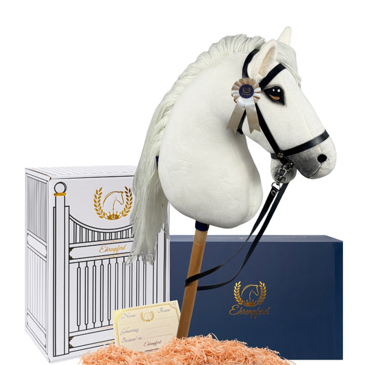 Hobby Horse Steckenpferd - Geschenkset mit Zubehör und Stall- Schimmel Pearl