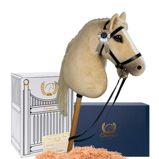 Hobby Horse Steckenpferd -Geschenkset mit Zubehör und Stall- Palomino Sunny