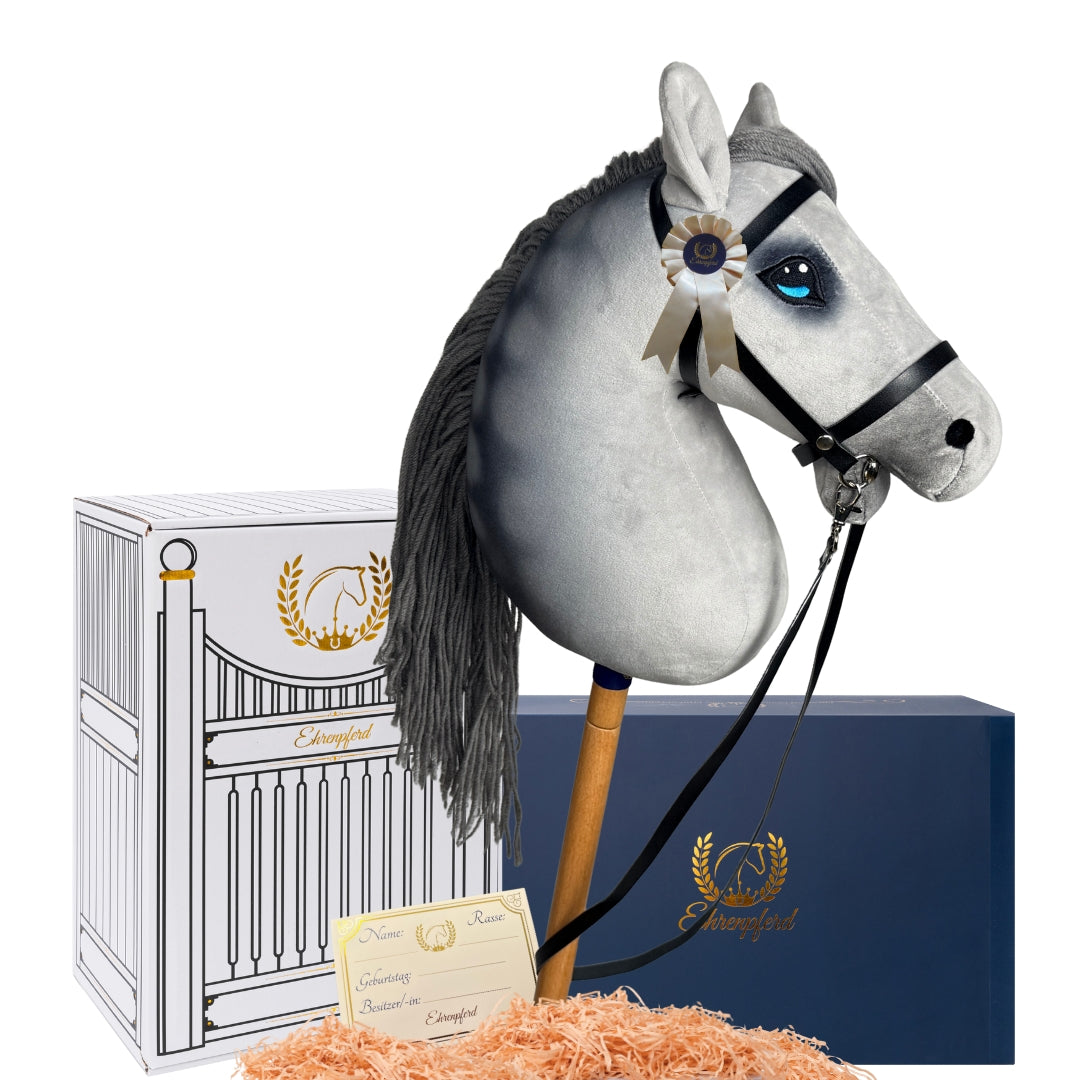 Hobby Horse Steckenpferd -Geschenkset mit Zubehör und Stall- Grauschimmel Luna