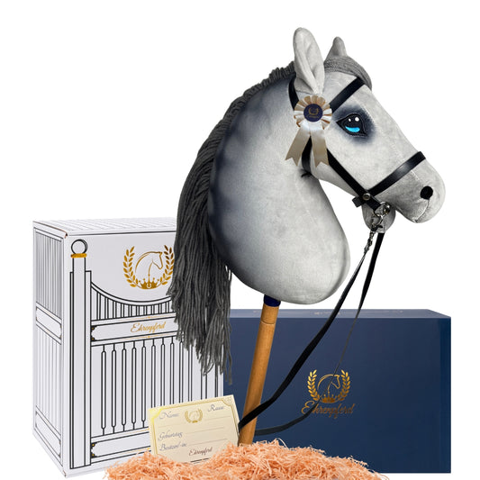 Hobby Horse Steckenpferd -Geschenkset mit Zubehör und Stall- Grauschimmel Luna