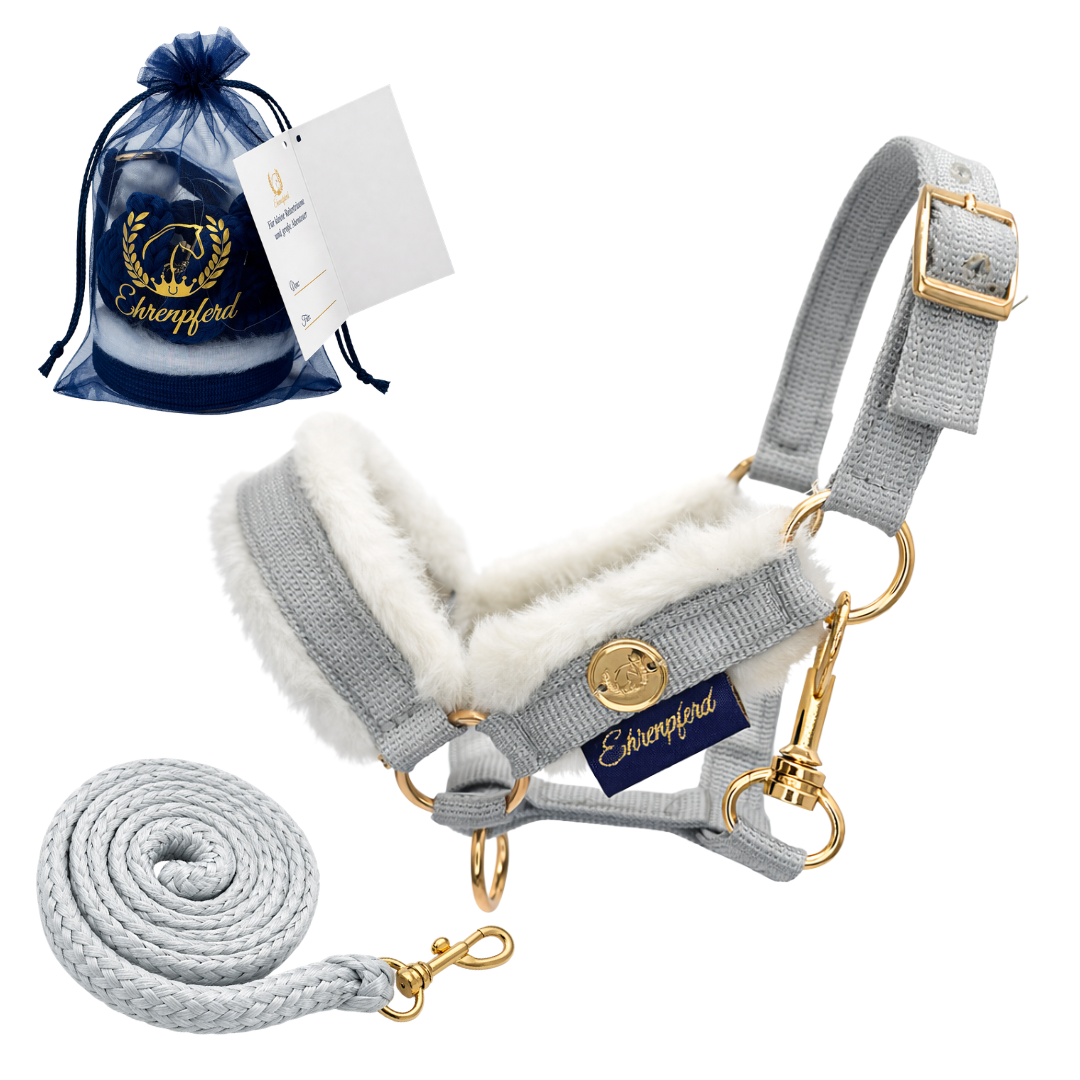 Hobby Horse Halfter Set - Silver mit Fell | Inkl. passendem Strick