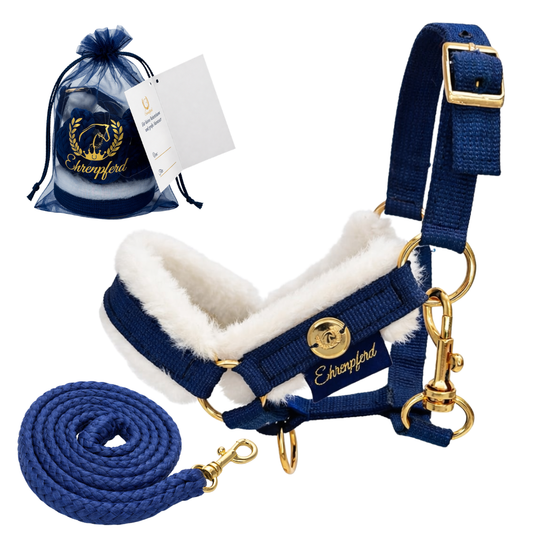 Hobby Horse Halfter Set - Navy mit Fell | Inkl. passendem Strick