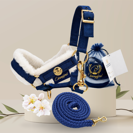 Hobby Horse Halfter Set - Navy mit Fell | Inkl. passendem Strick